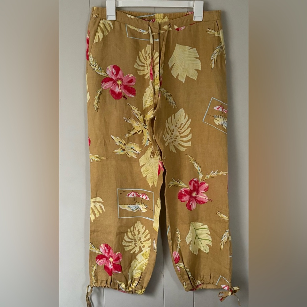 Vintage 100% Linen Tropical Floral crop tie pants Sz S